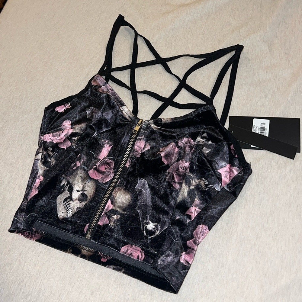 COPY - Black and Pink Floral Skull Crop Top